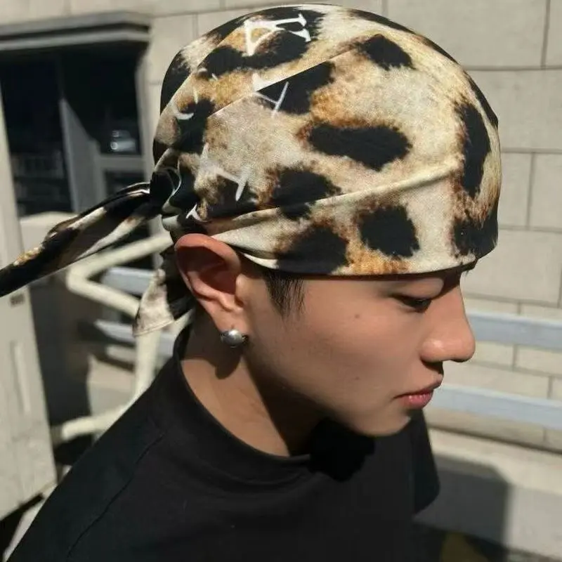 Leopard Print Double-Sided Cotton Letter Bandana - Durag Headwrap, Streetwear Hip-Hop Fashion Accessory for Headwear