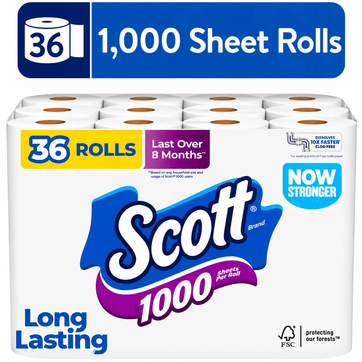 Scott 1000 1-Ply Soft Toilet Paper Tissue, 36 Rolls, 1000 Sheets