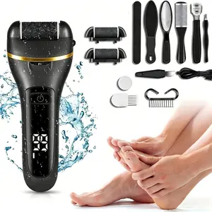 Electric Foot Exfoliating Tool Set, Rechargeable Nail Care Tool with 3 Roller Heads, 2 Speeds, Battery Display, Pedicure Tool, Foot File Tool