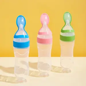 3pcs/pack 90ML/3oz Silicone Baby Bottle with Spoon Feeder, Food Squeeze Feeder with Suction Cup, Rice Paste Gift Set for Unisex Babies