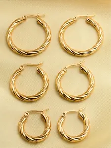 3 Pairs 14K Gold Plated Twisted Hoop Earrings Set for Women - Dainty Minimalist Textured Circular Hoop Earrings Stackable Everyday Jewelry Gift Pack