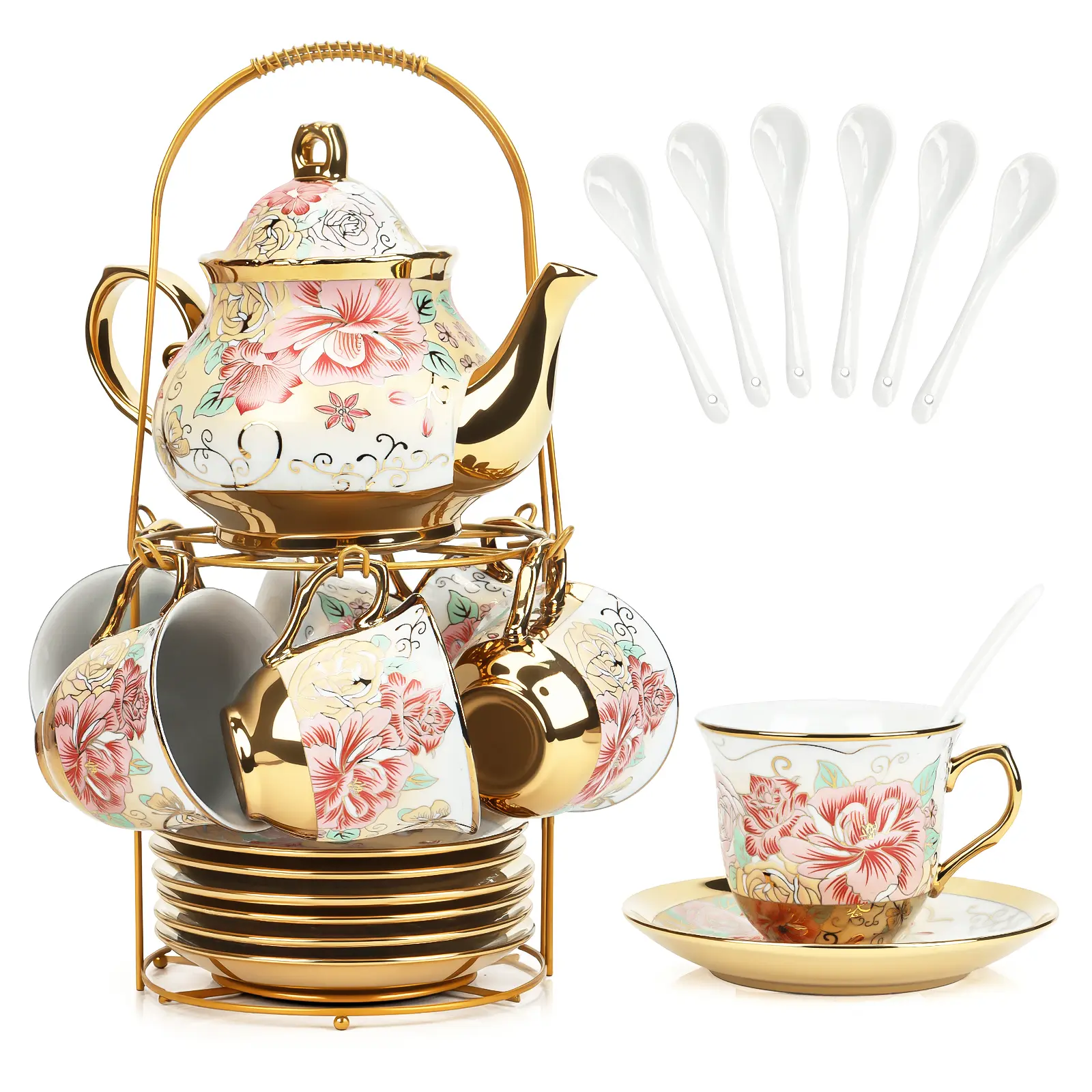 Gourmet 20-Piece Classic Stylish Porcelain Tea Set - 700ml Handmade Decorative Teapot with Flowers, Pink Gold Floral Print Cups, Saucers, Metal Holder, Ideal for 1-6 People’s Afternoon Tea, Everyday Use