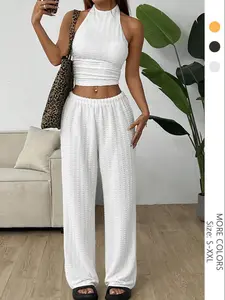 USBoutiqueCHIC Women's 275G Cupro Fabric Loungewear Set - Short Sleeve Top & Wide Leg Pants, Elegant Two-Piece for Refined Comfort, High-Waist, Flowing Leg, Minimalist Design