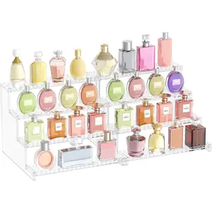 4 Tier Clear Display Risers Stand with Decorative Fences, Plastic Perfume Organizer, Display for Figures, Cupcake, Dessert, Desktop Stand for Organization and Decor, 2 pack, 12inch