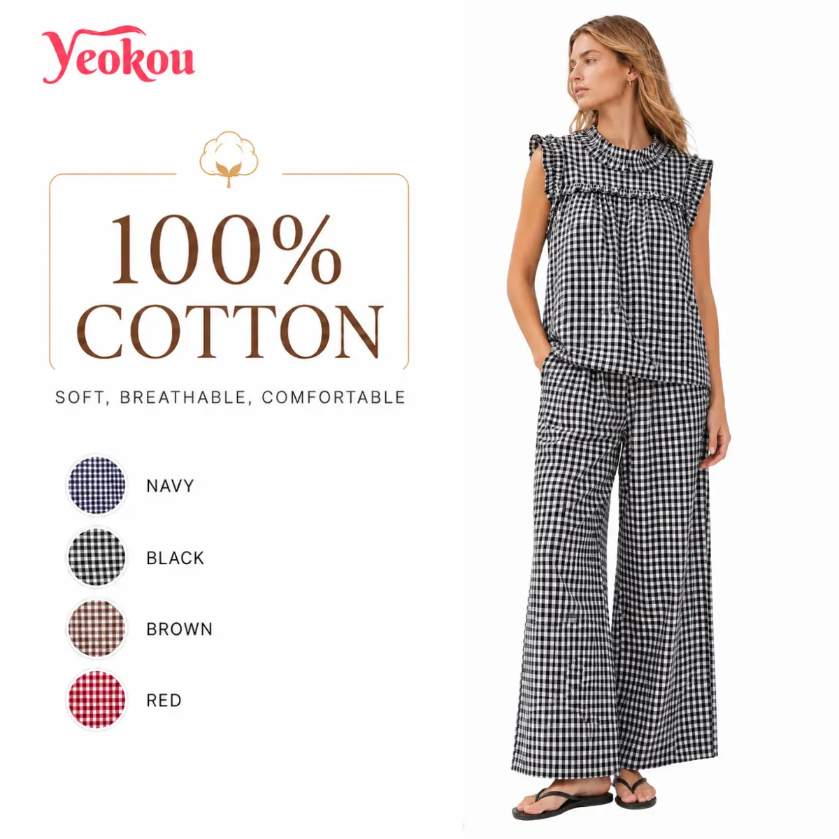 Yeokou Women's Gingham Plaid 2-Piece Outfit, Cute Scoop Neck Ruffle Top and Wide Leg Pants Set for Summer Beach Vacation, Cruises, Clothes, Women's Clothes, Basic, Sets For Women 2 Piece