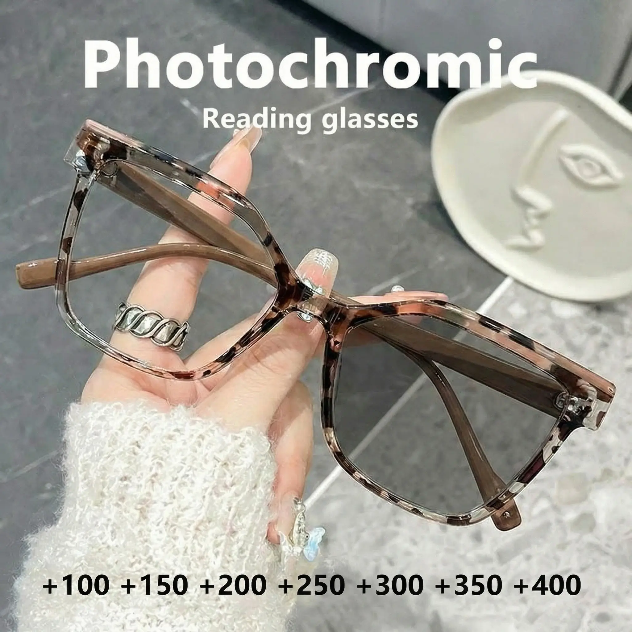 Women's Fashion Gradient Frame Reading Glasses, Photochromic Eyeglasses, Trending Eyeglasses, Color-Changing Tortoiseshell Design, 100-400 Degree Correction, Daily Use High Quality Eyewear