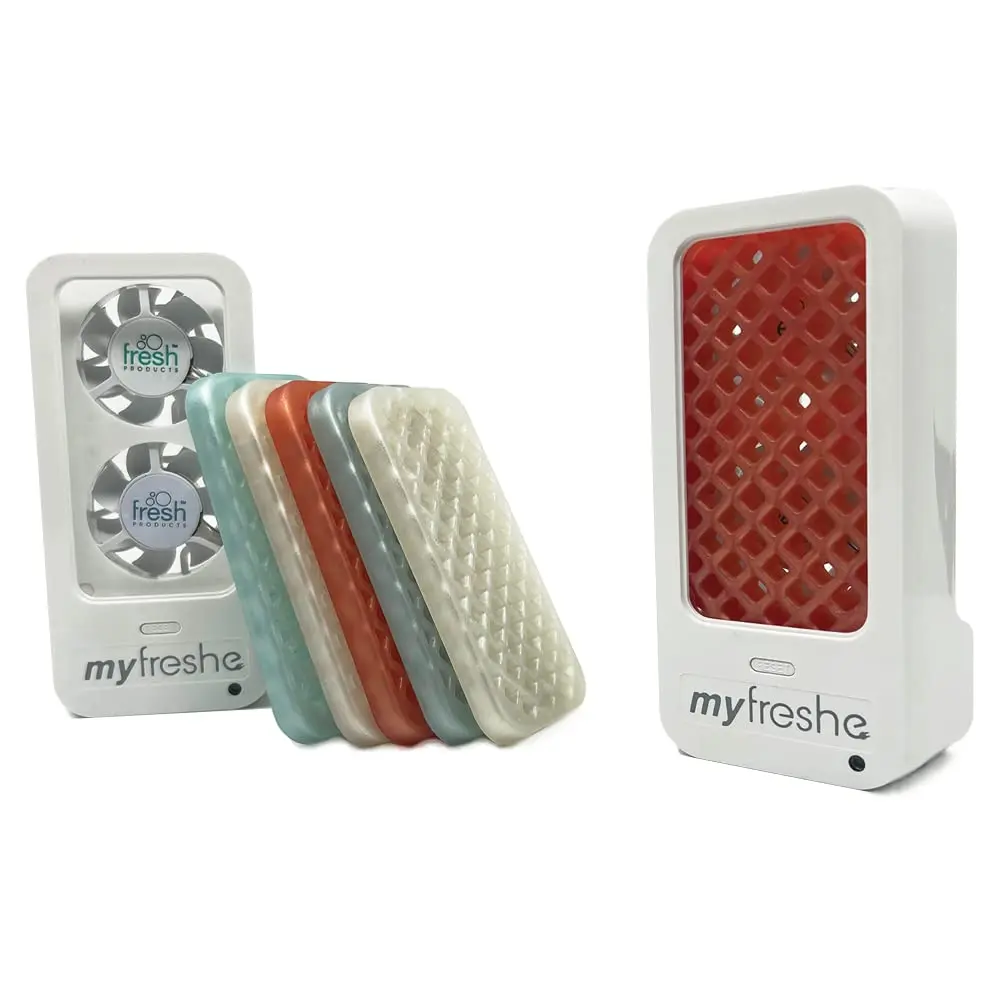 Fresh Products myfreshe Plug in Air Freshener No Heat No Glass Dry Fragrance Refills For Small Spaces Made in the USA Starter Kit w 2 Dispensers and 3 Fragrances