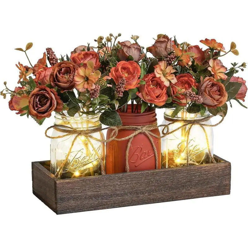 3 Pcs Mason Jar Centerpiece Table Decorations for Dining Table Decor Farmhouse Coffee Table Decor with Wood Tray and Led Light Table Centerpieces for Dining room Kitchen Living Bathroom