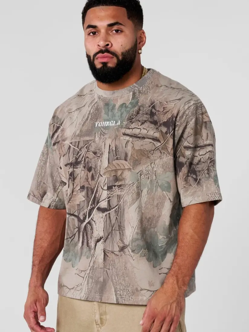 YoungLA Tree Camo Collection Tee, Woodland Camouflage Graphic T-Shirt, Outdoor Streetwear Shirt, Casual Unisex Tee for Men & Women
