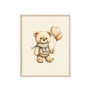 Cozy Teddy Bear with Balloons on Beige Background Print