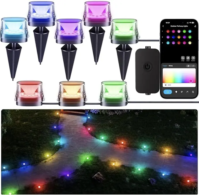 SummerVibes 15-Pack 50ft Smart RGBCW LED Pathway Lights, Alexa & Bluetooth & WiFi Enabled, App-Controlled Dimmable Colorful Mood Lighting, 1-100% Dimming, 30 DIY Scenes for Outdoor Garden Lawn Decor Camping Essentials, Party Lights, Dimmable Patio Lights