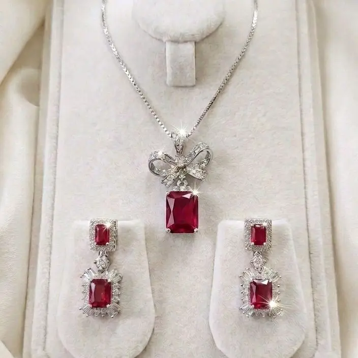 Elegant Crystal Necklace and Earrings Jewelry Set - 5 Stunning Colors, Brilliant Bow Design Pendant Set for Women, Perfect Special Occasion Gift