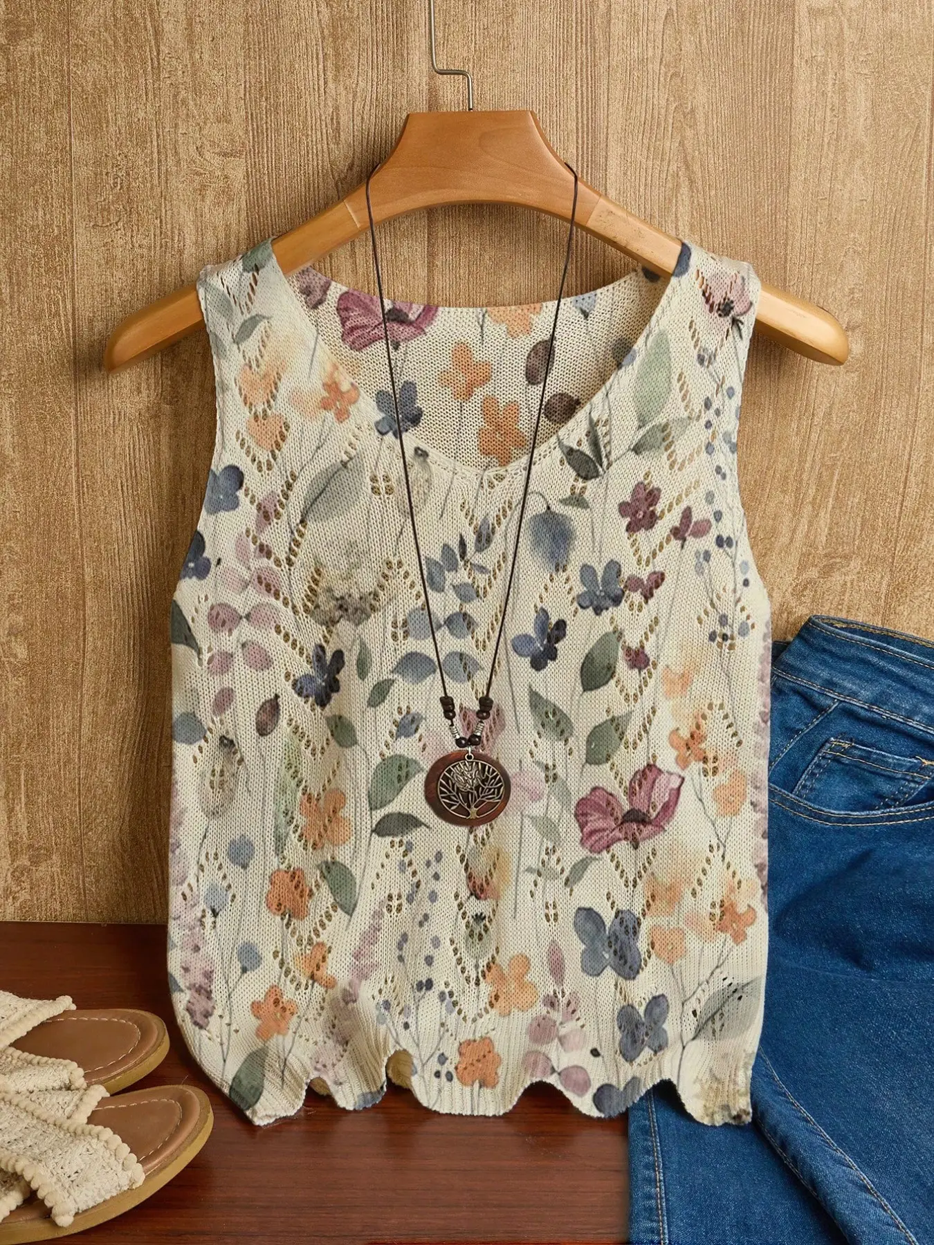 Women's Sleeveless Vest for Spring Summer, V-Neck Hollow Out Top, Floral Print, Breathable and Comfortable, Casual Fashion Vest