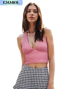 EMMIOL Women's Gingham Halter Top - Deep V Neck Sleeveless Open Back Crop Tank Top for Summer Y2K Coquette Fashion