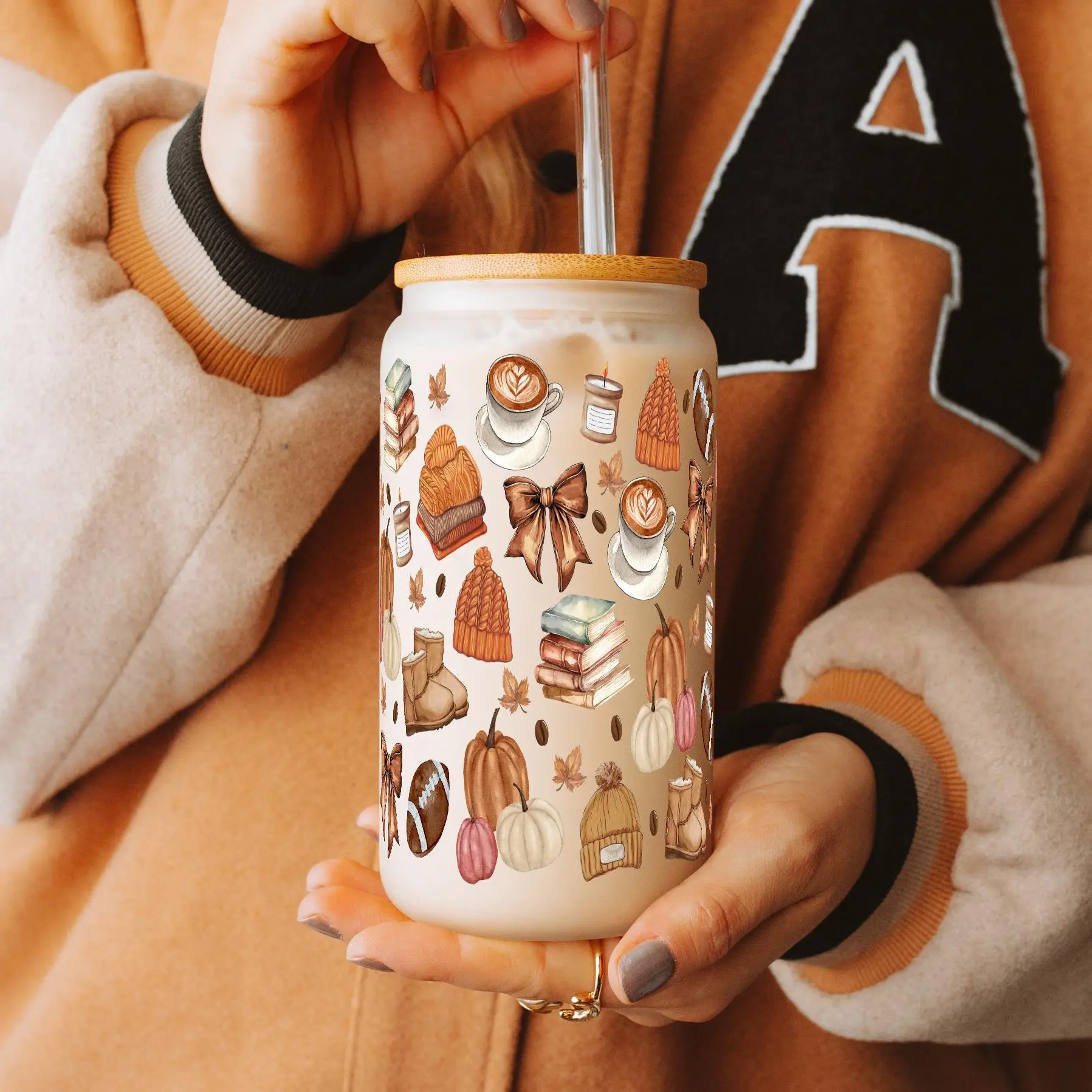 Fall Collection 16oz Glass Can Cup with Lid and Straw, Iced Coffee Drinkware, Gift for Her, Acrylic Cup, water bottle for women, fall gifts, Reusable, Mug