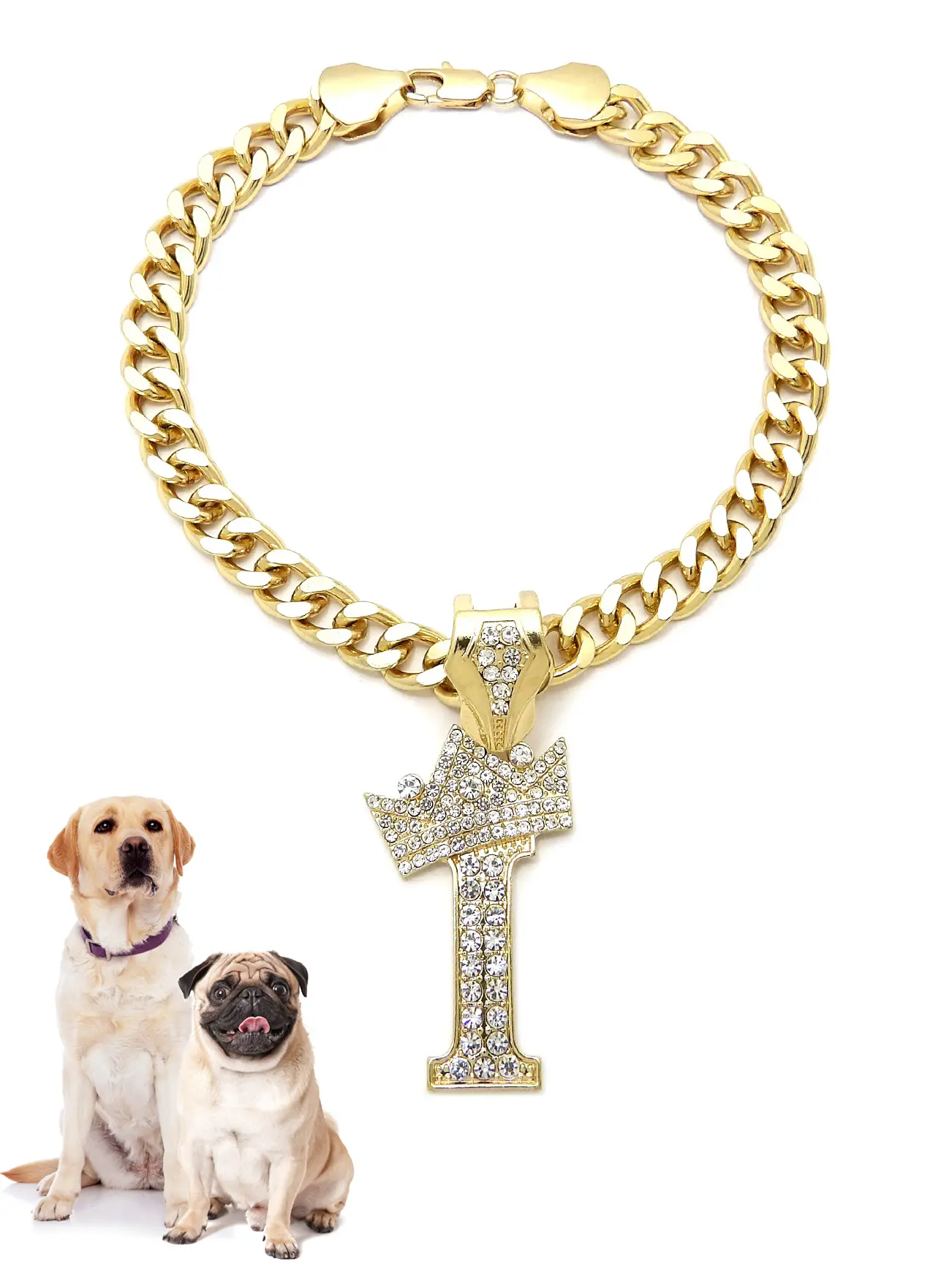 Icemond Pet Personalized Initial Letter Pendant - Rhinestone-Studded, Gold-Tone 18-in Imitation Gold-Plated Zinc Alloy Cuban Chain, Stylish Design Medium-Large Dog & Cat Neck Accessory [I-R], Dry Clean Only, All-Season Fashion Accent