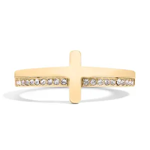 Fiora 18K Gold PVD Stainless Steel Cross Ring with CZ Diamonds & Engraved Bible Verse | Hypoallergenic Christian Stacking Band