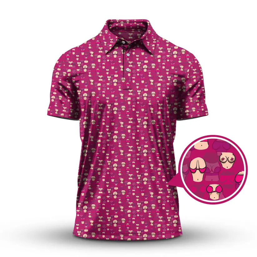 Hot Pink American Tatas Funny Pattern Men's Bogey Golf Ball Polo Shirt Masters Golf Tennis Polo Tops Masters Tournament Shirt 2026 GPA Championship Performance Outdoors Sport Shirt, Ideal Gift for Hunting Season Dad Golfers