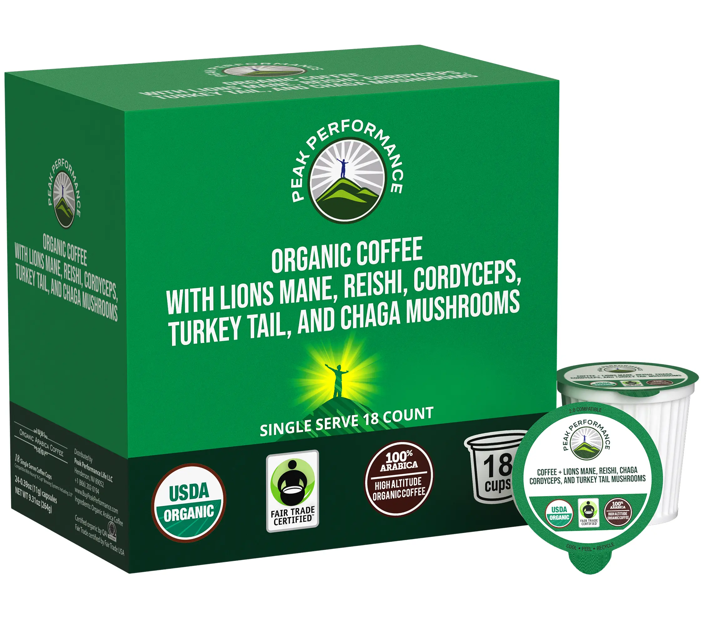 Organic Mushroom Coffee Pods with Lion's Mane, Reishi, Cordyceps, Turkey Tail, and Chaga Mushrooms. 18 Pack! Medium Roast Ground Coffee
