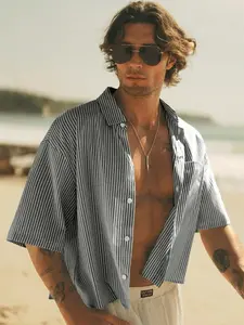 Unisex Striped Cropped Button-Down Shirt | Lightweight Breathable Fabric | Oversized Relaxed Fit | Short Sleeve Camp Collar | Chest Pocket | Multi-Color Options | Beach & Vacation Essential | Casual Pocket Shirt