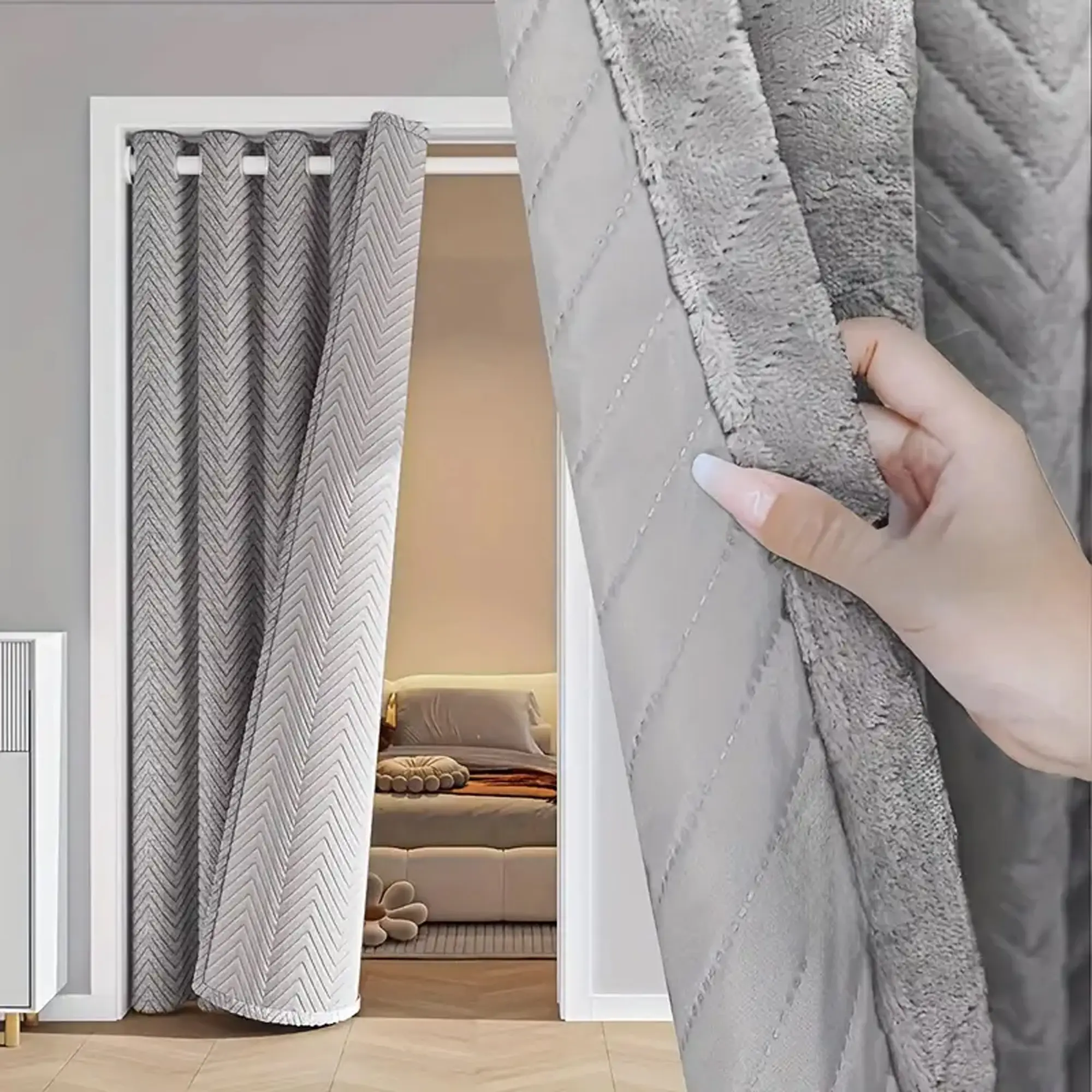 Winter Heavyweight Windproof Insulated Quilted Fleece Window Polyester Curtain, Full Light Blocking, Hole Top, Suitable for Living Room and Bedroom, Thermal Insulated Curtain
