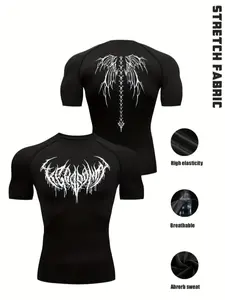 Gothic Style Men's Black Gym Shirt – Metallic Letter & Spine Wing Design, High-Stretch Slim Fit Workout Top, Ideal for Gym, Training & Casual Wear, Muscle-Enhancing, Fitted Sportswear, Gothic Aesthetic Fitness Tee, Activewear Gym, Fitness Shirts