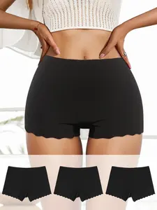 Women's 3pcs Solid Scallop Trim Boyshorts, Valentine's Gift Ideas, Soft Comfy Breathable Seamless Panty for Daily Wear, Ladies Underwear Bottoms for All Seasons, Seamless Undergarment, Seamless Undies, Soft Comfy Panties