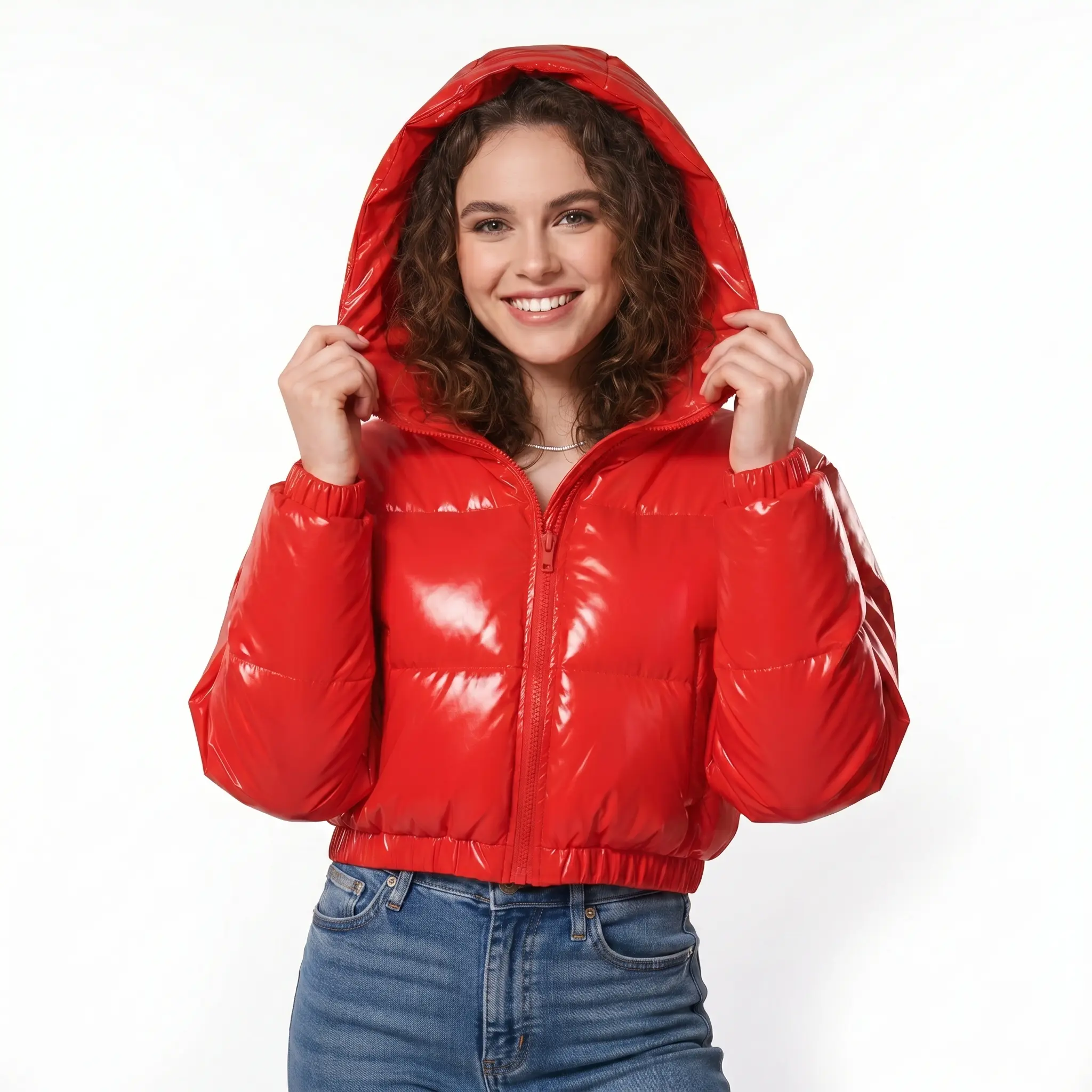 High Level Women's Fitted Shiny Cropped Puffer Coat - Lightweight, Quilted, Hooded, Long-Sleeved Coats for Everyday Winter Wear, Longsleeves, Fabric, Polyester, Lady, Casual, Dry Clean, Tops, Shiny Quilt Shine, Zipper, Cold Wash, Long Sleeves Add Coverage