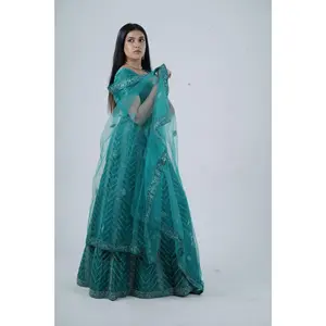 Green Stone Work Soft Net Lehenga with Crop Top
