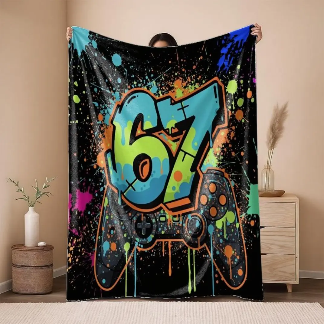 2D Flat Printing 1pc  Brightly colored graffiti-style handle with numbers 67 Pattern Printed  Blanket Flannel Fleece All Season Light Weight Living Room/Bedroom Warm Blanket,Thin Blanket Dream Workshop