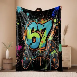 2D Flat Printing 1pc  Brightly colored graffiti-style handle with numbers 67 Pattern Printed  Blanket Flannel Fleece All Season Light Weight Living Room/Bedroom Warm Blanket,Thin Blanket Dream Workshop