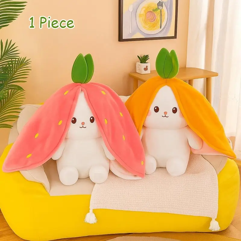 🍓 Surprise Inside! | Reversible Strawberry Rabbit Plushie | Zippered Hide-and-Seek Bunny Toy | Cute Kawaii Soft Stuffed Animal for Kids & Fans | Birthday Gift