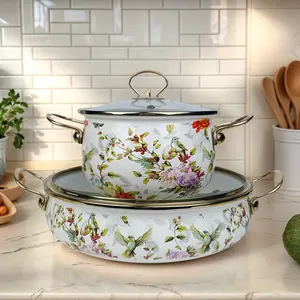 Rural Style Enamel Pigeon Flower Soup Pot, Gold-Plated Large Capacity Seafood Pot, Universal for Induction Cooker and Gas Stove, Induction Pots Pans