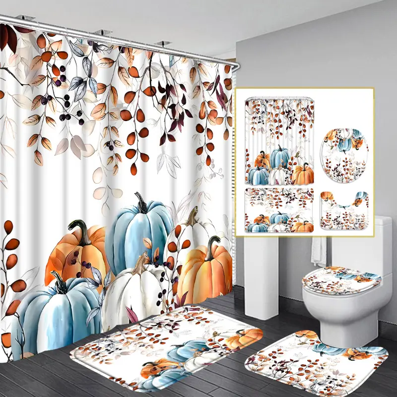 4pcs Pumpkins Shower Curtain Sets, Thanksgiving Bathroom Shower Curtain, Bath Mat, Toilet Lid Rug, Non-Slip U Shape Mat, Housewarming Gift, Thanksgiving Gift, Autumn Home Decor Accessories, Bathroom Decor Sets with 12 C Type Shower Curtain