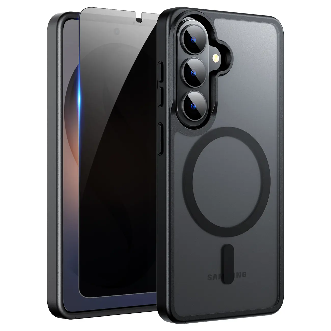 Magnetic for Samsung Galaxy S26 Plus Case Matte, with Privacy Tempered Screen Protector, S26 Plus Phone Case Compatible with MagSafe Frosted Translucent Shockproof Anti-Scratch Slim Fit Case Military Grade Protection (Black)