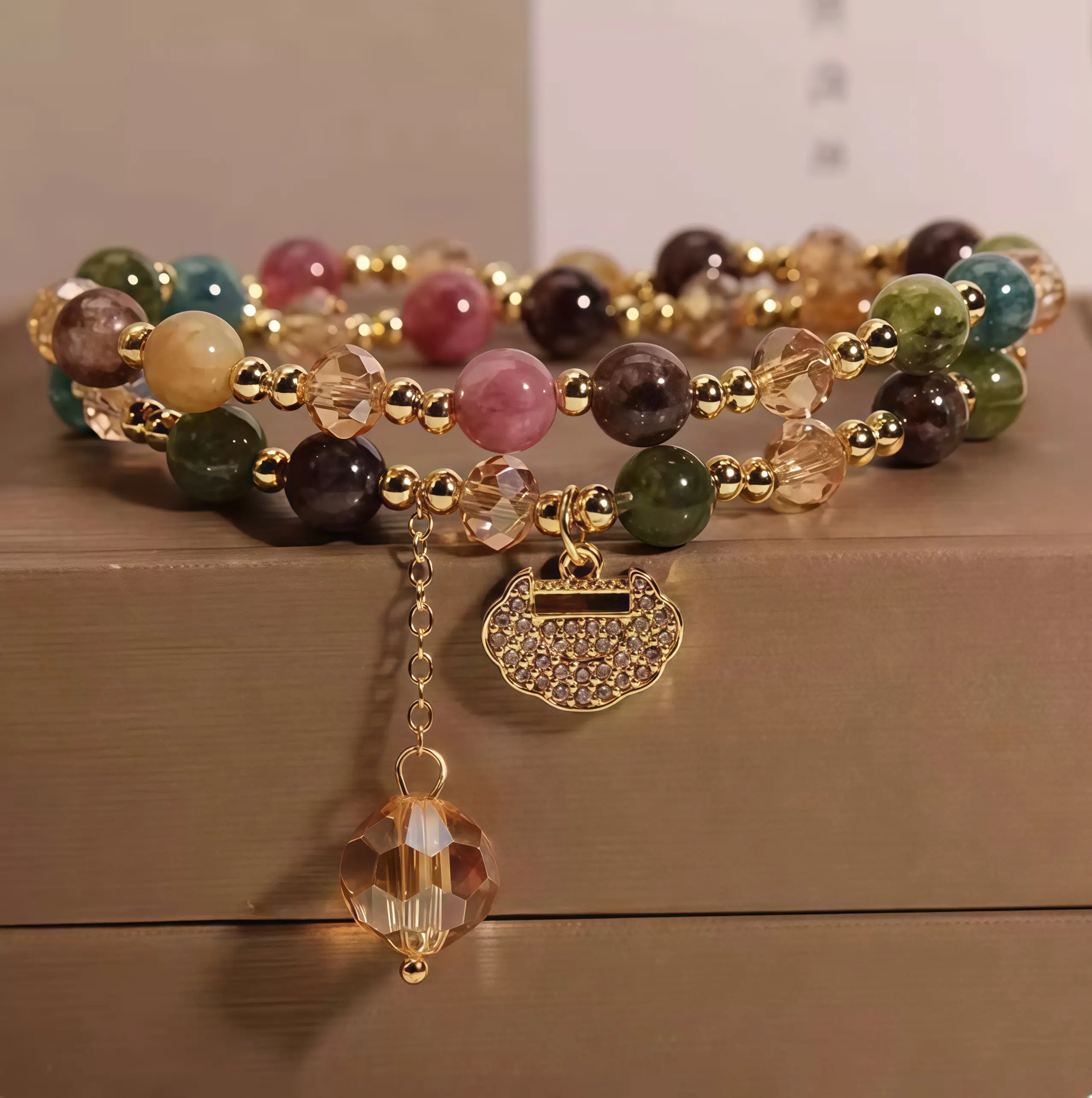 Double-Layered Stacked Bracelets with Natural Crystal Beads, Elegant Costume Jewelry, Arm Candy Accessories for Gift Giving, Daily Wear, Rhinestone Lock, 10Cm, Female, Gold