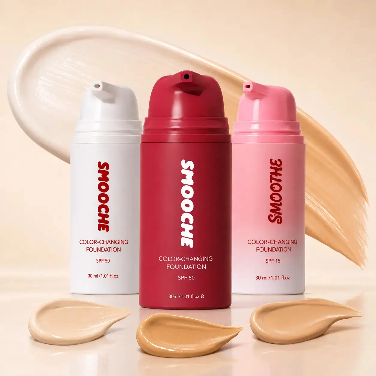 SMOOCHE Skin-Adapting Color-Changing Foundation, 30ml Full Coverage Face Makeup for Women, 3 Shades, SPF 50, Buildable Lightweight Formula, Natural Matte Finish