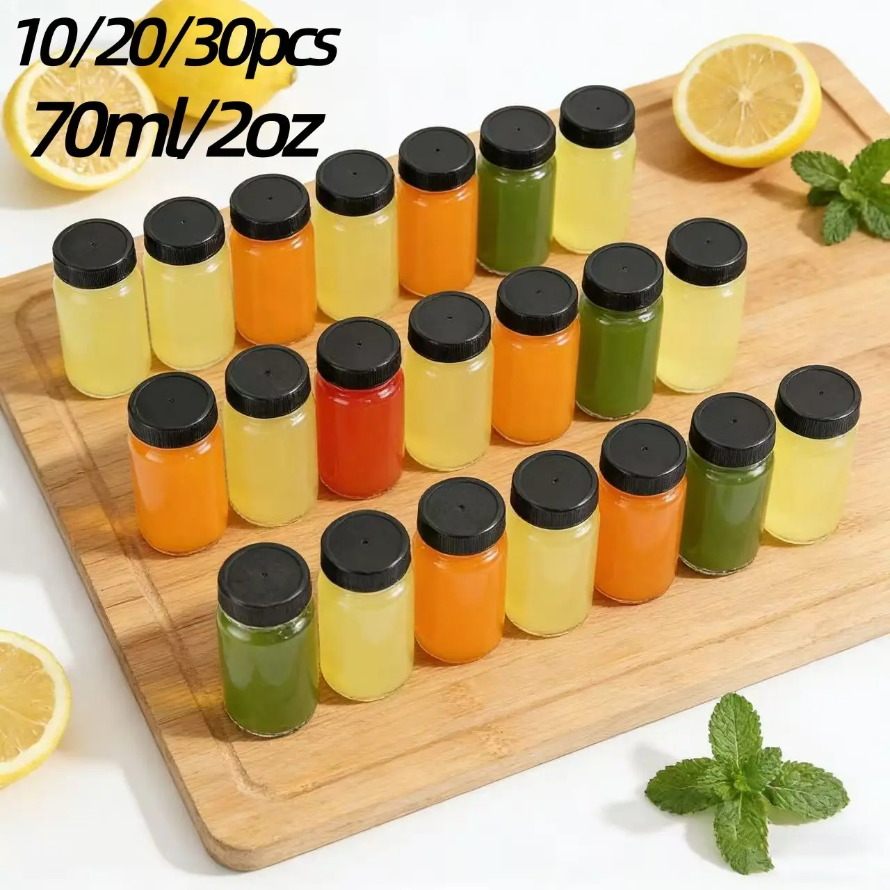 10/20/30pcs, 2oz 70ml Glass Ginger Shot Bottles with Lids, Bulk Beverage Containers, Airtight Leakproof Glass Containers, Reusable Storage Jars for Wellness Shots, Juices, Turmeric Shots, Travel & Storage, Versatile Usage