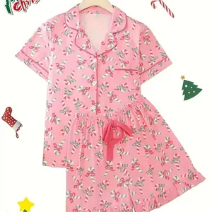 Scholar comfort pink candy stick printed pajamas set -short sleeves, buttons and elastic belt shorts with pocket Womenswear Cute Women Comfortable Loungewear Nightwear