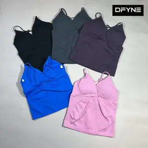 (With Logo) DFYNE New Seamless Matte Nylon Longline Tank Top Women - Thin Strap Padded High Stretch Workout Vest
