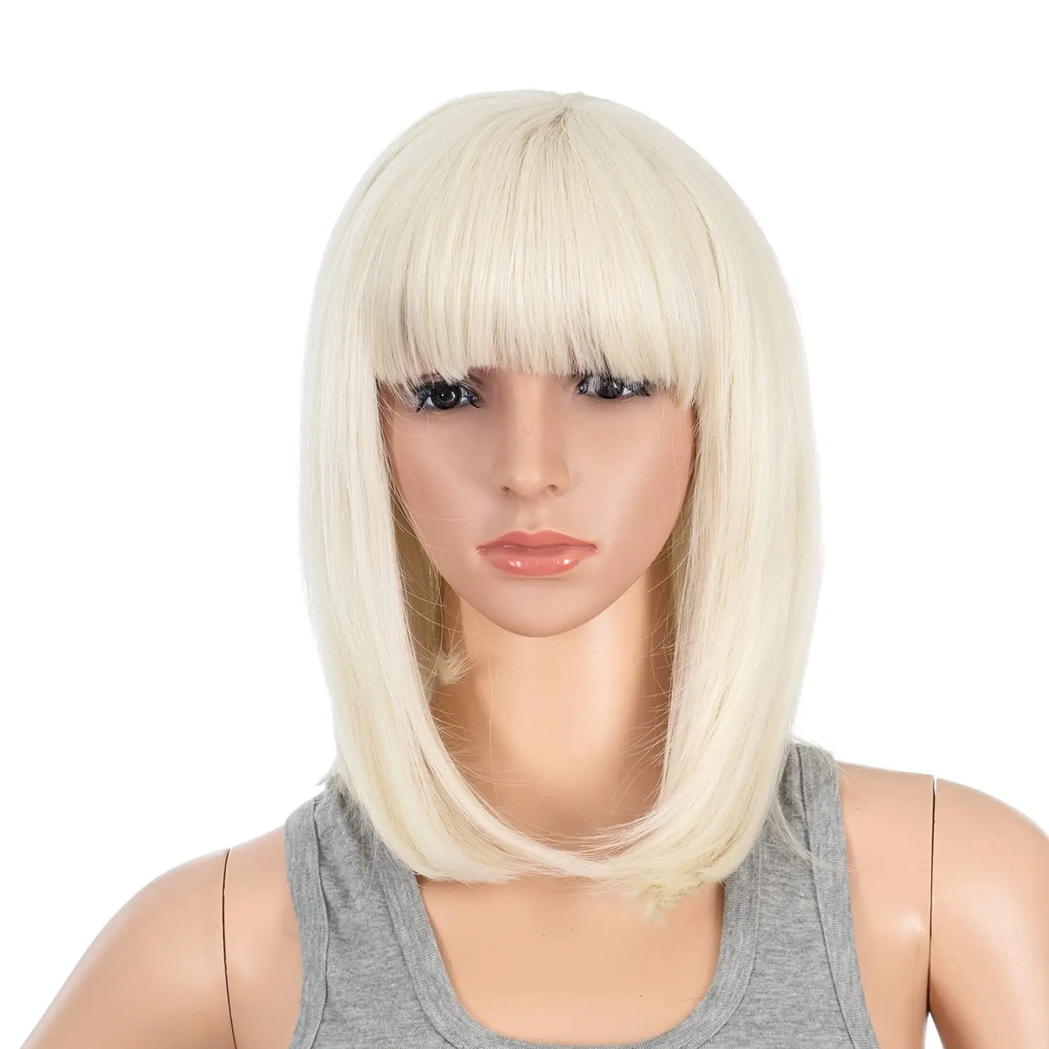 Short Straight Bob Wig with Bangs Synthetic Colorful Cosplay Daily Party Flapper Wig for Women with Wig Cap ( Blonde)