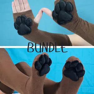 Brown Thigh High Cat Paw Socks & Glove Set– Black Plush Paw Pads