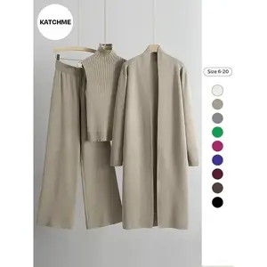 Trendy Knit Turtle Neck Tank & Wide Leg Trousers With Open-Front Long Cardigan Three-Piece Clothes Sets, Casual Womenswear