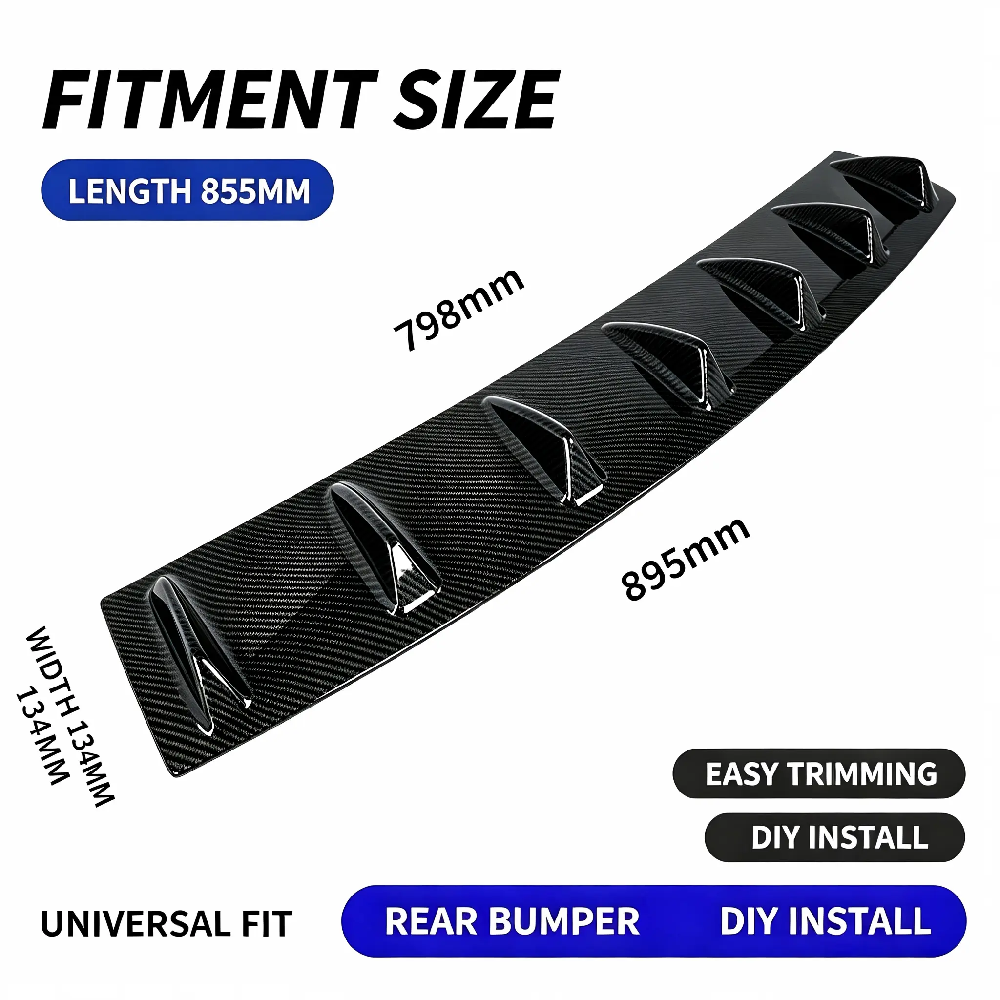 Black 7-Fin Car Rear Bumper Diffuser, Carbon Fiber Look Universal Trim-to-Fit DIY Install Rear Lip Spoiler, Auto Exterior Upgrade Accessory