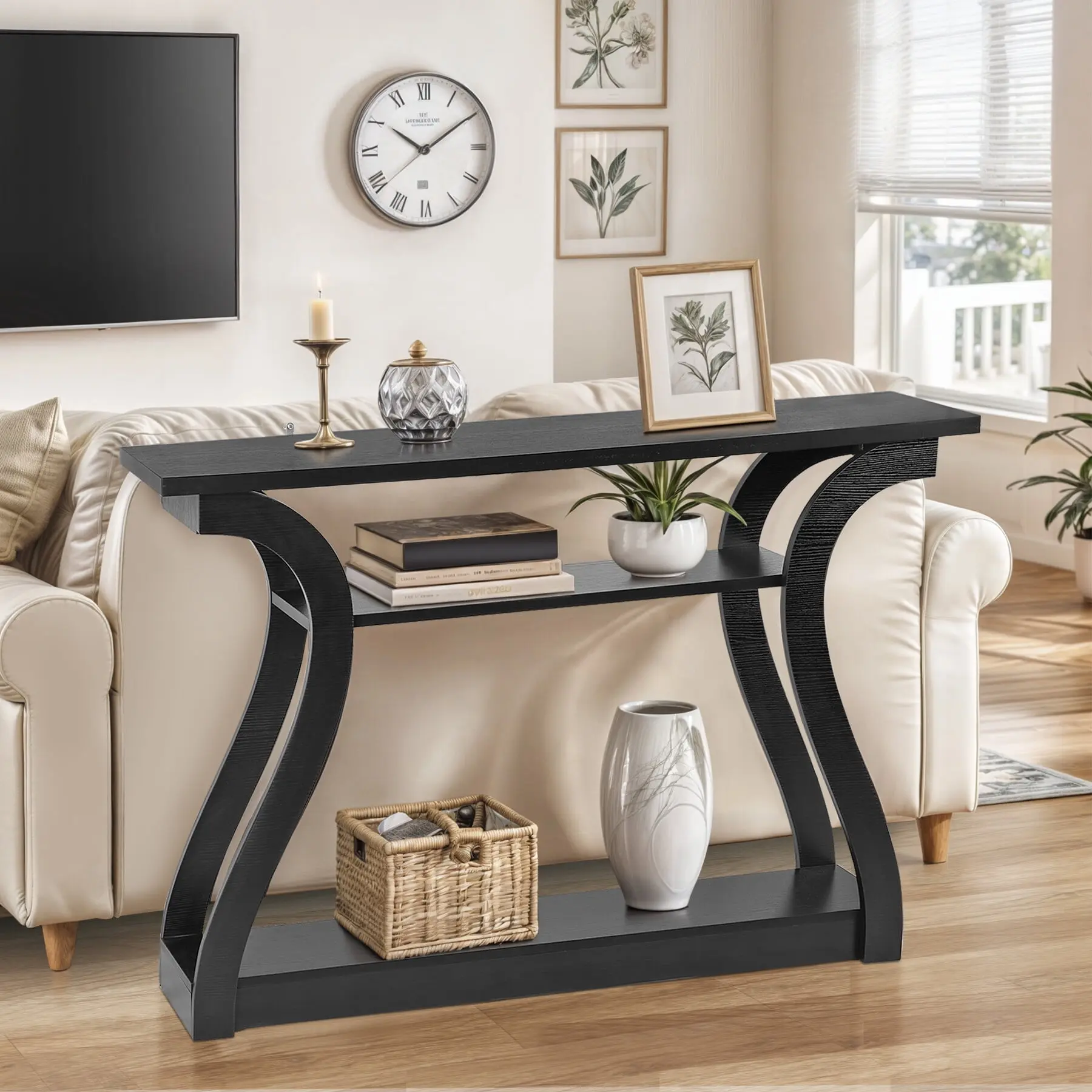 Zeny 47'' Modern MDF Narrow Console - Black 3-Tiered Shelves, Furniture Living Room Sofa Side Table, Entryway & Home Office Accent, Modern Center Table, Room Decor