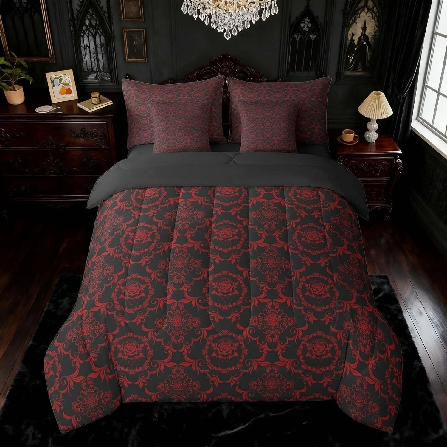 Adults Gothic 7 Pieces Bedding Set Vintage Rose Boho Comforter Set with Sheets for Boys Girls Teens Black Red Damask Bed in a Bag Luxury Farmhouse Bed Set