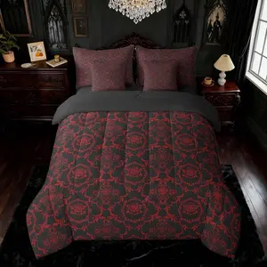 Adults Gothic 7 Pieces Bedding Set Vintage Rose Boho Comforter Set with Sheets for Boys Girls Teens Black Red Damask Bed in a Bag Luxury Farmhouse Bed Set