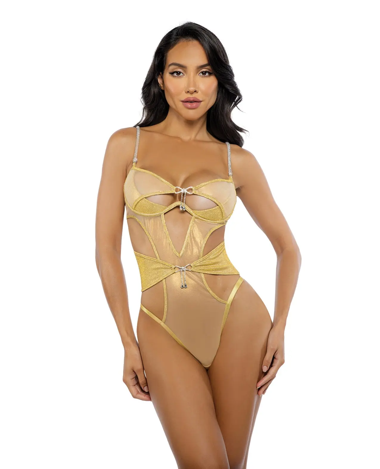 Women's Strapless Wireless Sexy Glam Lingerie Bodysuit - Gilded Beauty Gold Metallic Shimmer Mesh Teddy with Rhinestone Accents