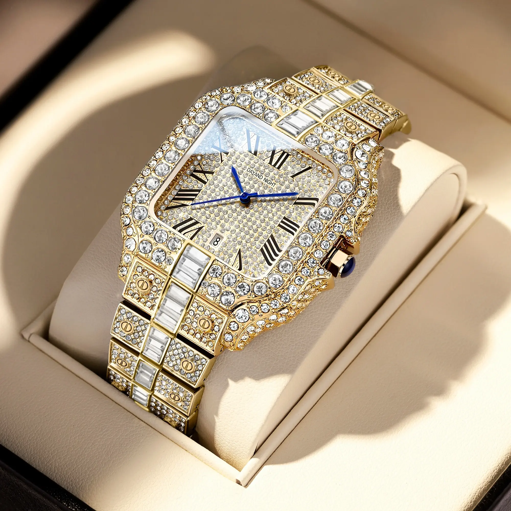 Dayand Night Unisex Luxury Iced-Out Moissanite Quartz Wristwatch - 42mm Square Face Alloy Frame Watch with Mineral Glass, Roman Numerals, Calendar, Diamond Accents, 30M-50M Water Resistance, Analog-Digital Luxury Look Clasp Closure for Valentine's Day, 42