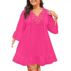 Plus Size Swimsuit Cover Up Women - Lace Crochet V Neck Bathing Suit Cover Up Ruffle Hem Beach Dress  SwimWeek  summervibes